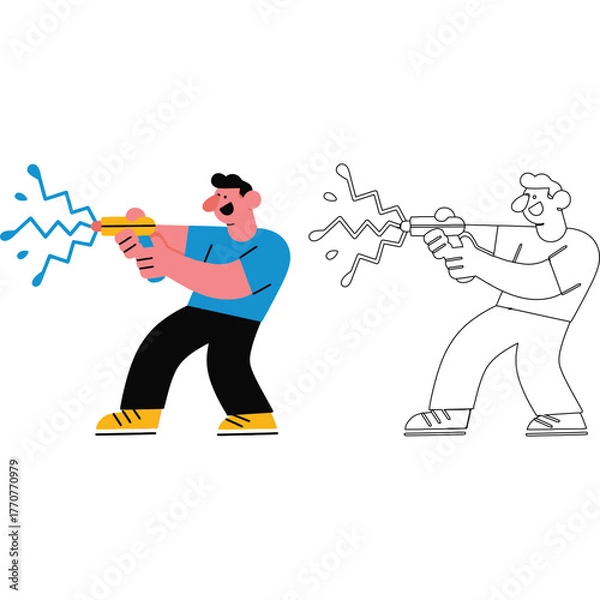 Obraz Cartoon man shooting water gun with line art version illustration summer fun playful vector drawing character