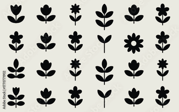 Fototapeta Collection of twenty stylized black floral and leaf silhouette icons on a light beige background