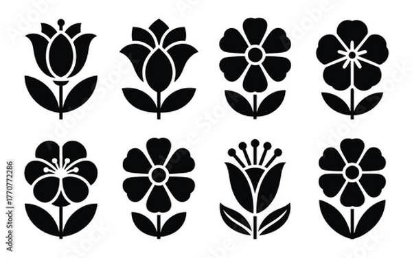 Fototapeta Eight stylized black floral illustrations with leaves on a white background flower graphic