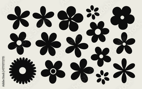 Fototapeta Collection of Black Daisy and Flower Silhouettes on Light Background white