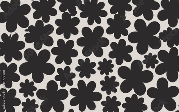 Fototapeta Dense Arrangement of Black Abstract Flower Shapes of Various Sizes on Light Beige pattern