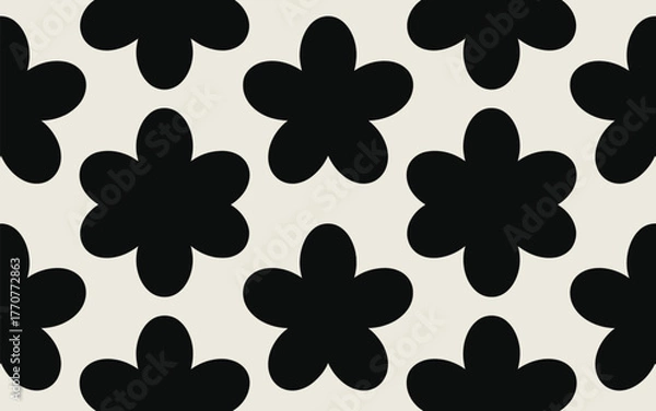 Fototapeta Repeating Black Abstract Flower Shapes on a Light Beige Background Seamless Pattern floral