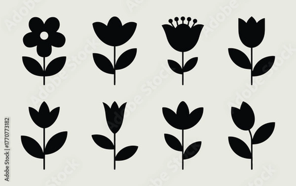 Fototapeta Eight distinct black floral silhouette icons arranged in two rows on a light beige background