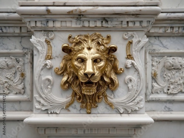 Obraz Classical architecture featuring a prominent golden lion head relief sculpture on a white marble plinth with intricate carvings and elegant decorative elements.