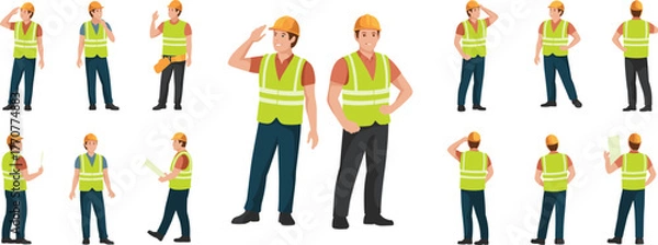 Fototapeta Construction workers illustration, safety gear, hard hats, reflective vests, industrial labor, occupational safety, teamwork, engineering, job site, character design