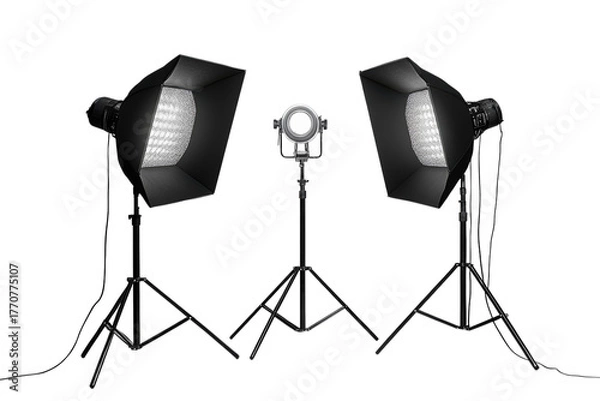 Fototapeta Professional studio lighting setup with softboxes and a spotlight on tripods against a black backdrop on transparent background