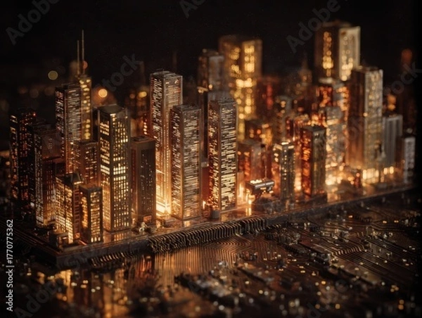 Obraz Urban Landscape on Computer Chip Digital Cityscape Illuminated Skyscrapers Circuit Board Technology Architecture Modern Metropolis Night Lights Data Processing Smart City Concept