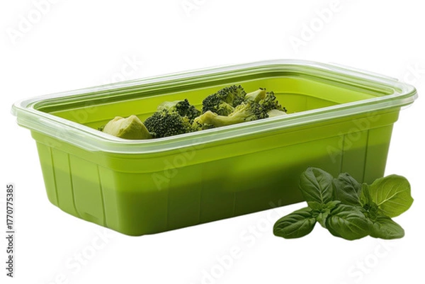Obraz Fresh broccoli florets in a green food storage container with basil leaves for healthy eating on transparent background