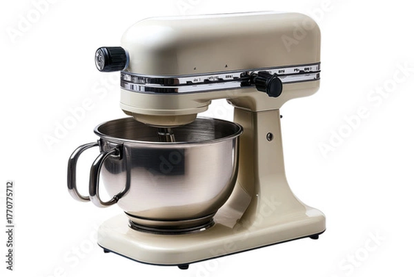 Fototapeta Beige stand mixer with stainless steel bowl for baking and cooking in a kitchen setting on transparent background