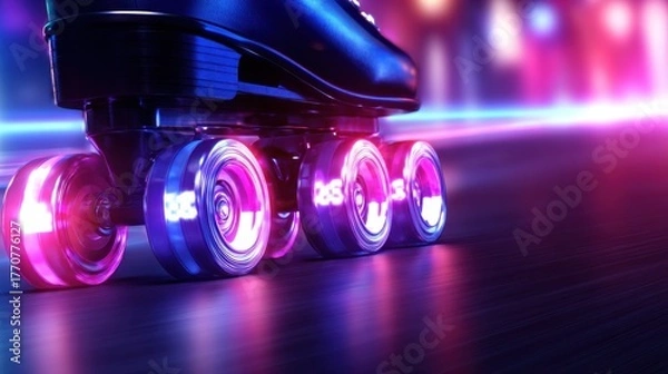Obraz Close-up of roller skate wheels illuminating in vibrant colors on a smooth urban street at night