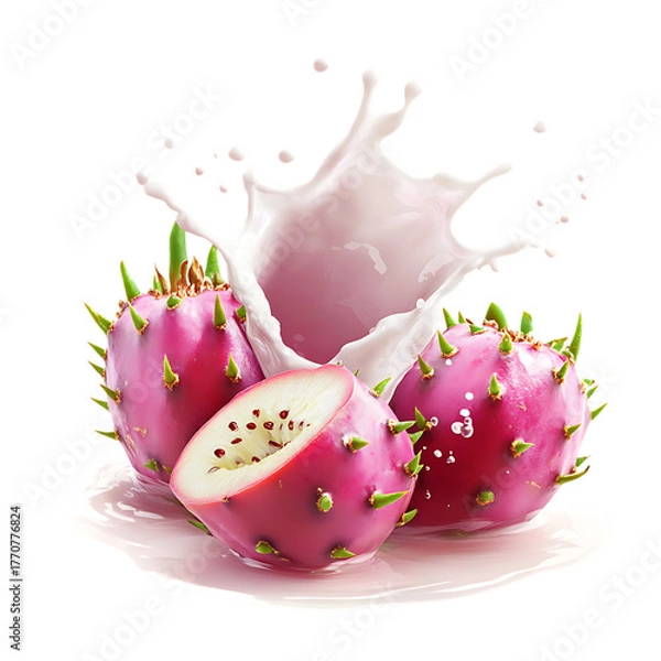 Fototapeta Fresh delicious prickly pear fruits milk splash with juicy texture and vibrant color isolated on transparent background