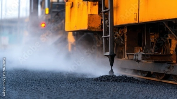 Fototapeta Construction machinery laying asphalt on a road with steam rising, showcasing urban development