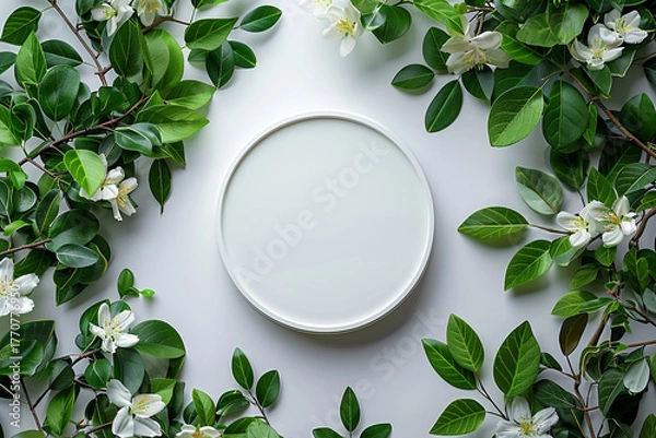 Fototapeta Stylish minimalist white round podium mockup showcasing natural organic cosmetic products, surrounded by a vibrant frame of green leaves and flowers on a trendy flat lay background, creating a visuall