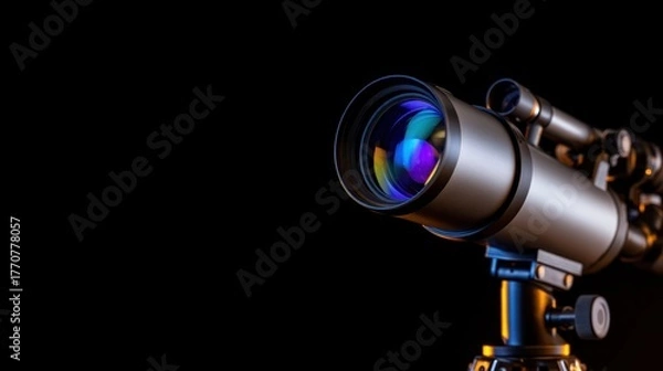 Fototapeta High-quality telescope positioned on a sturdy tripod, showcasing vibrant lens colors against a dark background