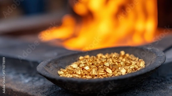 Fototapeta Glimmering gold nuggets in a bowl near a roaring forge, depicting the art of metalworking and craftsmanship