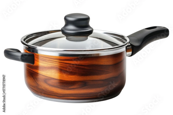 Obraz Stylish woodgrain saucepan with glass lid and ergonomic handle for modern kitchen cooking on transparent background