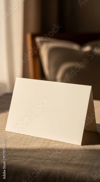 Fototapeta Elegant blank greeting card on textured fabric with warm lighting