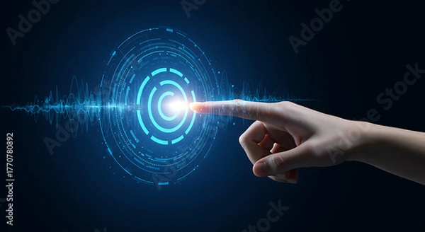 Fototapeta Finger touching glowing blue digital interface circle
