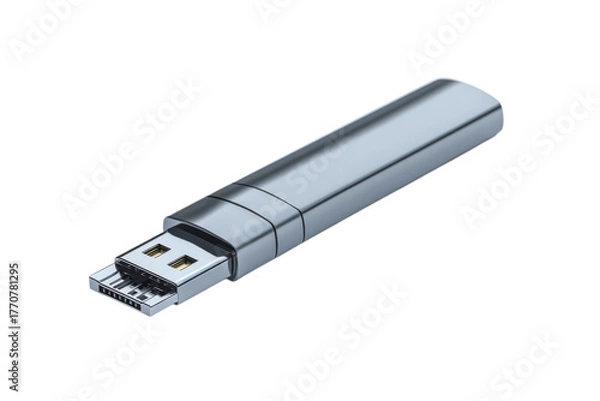 Fototapeta Sleek silver usb drive for data storage and transfer for technology enthusiasts on transparent background