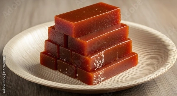 Fototapeta Stacked Fruit Jelly Slices with Glossy Finish, Arranged on a White Plate, A Vibrant and Chewy Dessert Perfect for Parties, Festive Occasions, and Refreshing Sweet Treats for All Ages

