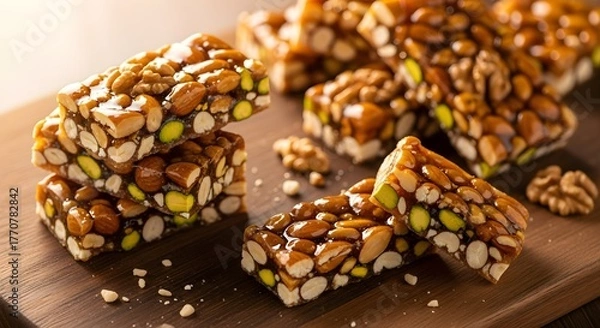 Fototapeta Crunchy Nut Brittle Bars with Almonds, Pistachios, and Walnuts, Glazed with Caramelized Sugar, A Classic Sweet Snack for Holidays, Gift Boxes, and Nut Lovers Seeking a Satisfying Treat


