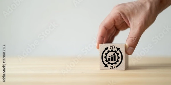 Fototapeta Strategic Business block: A hand gently positions a wooden block, showcasing an intricate icon of business evolution