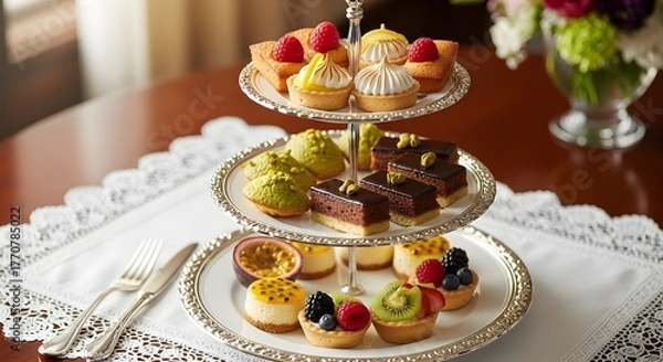 Fototapeta Elegant Tiered Stand Displaying Assorted Mini Desserts, Tarts, and Pastries Decorated with Fruits and Nuts, Perfect for Afternoon Tea, Parties, and Luxurious Dessert Buffets

