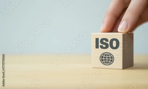 Fototapeta ISO Concept: A hand delicately interacts with a wooden block branded with the letters ISO, set upon a smooth wooden surface, symbolizing the standards and principles of the organization.