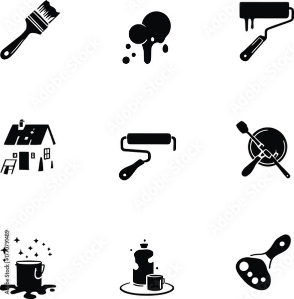 Fototapeta A collection of black and white icons depicting painting supplies and a house illustration set on white