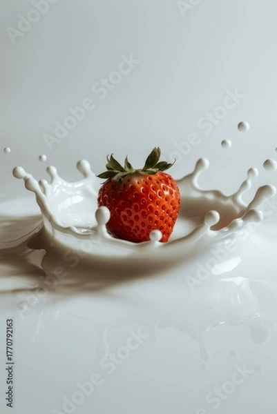 Fototapeta Splash of milk around a juicy strawberry in a minimalistic setting