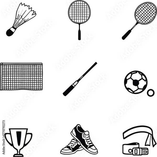 Fototapeta A collection of various sports equipment and accessories in a simple black and white drawing style
