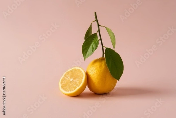 Fototapeta Fresh lemon on pink background with half sliced and green leaves
