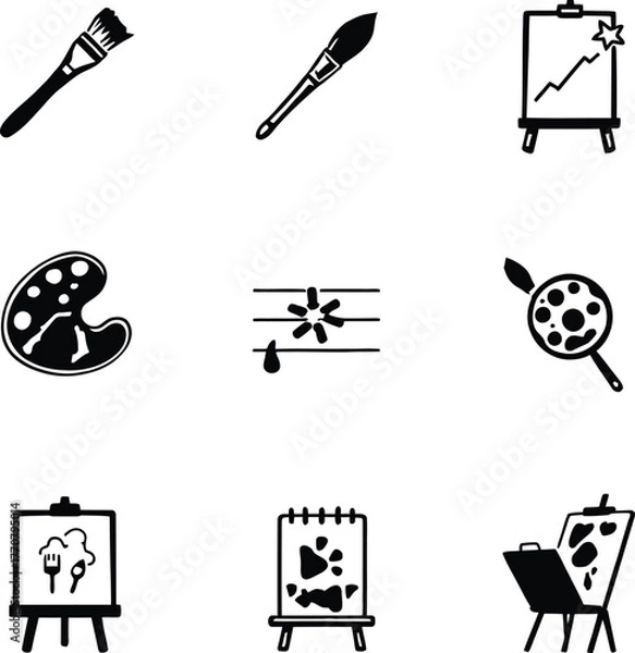 Obraz Collection of artistic tools and creations depicted in a grid pattern on a white background