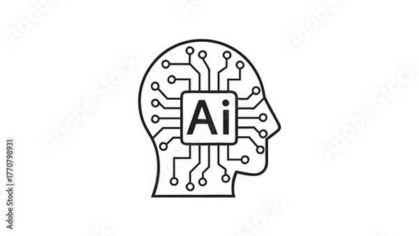 Fototapeta Outline of a human head with ai inside and circuit board design on a white background