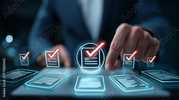 Fototapeta Painel digital com perfis, indicadores e ícones de equipe, usado para administrar dados de funcionários, equipes e clientes em ambiente corporativo