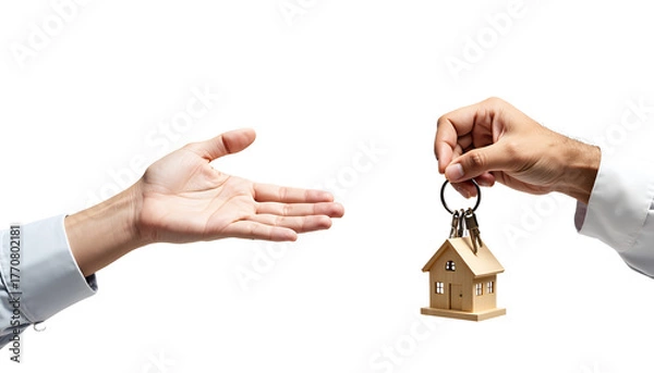 Obraz Handing over house keys isolated on a transparent background miniature transfer
