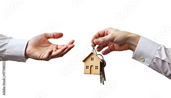 Obraz Handing over house keys with wooden charm isolated on a transparent background giving