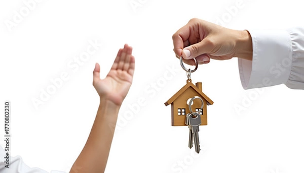 Obraz Hand holding house keys offering to another hand isolated on a transparent background