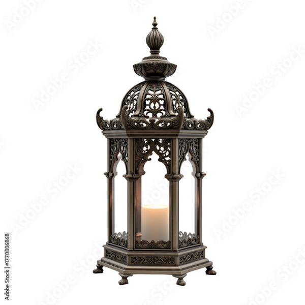 Obraz Ornate metal lantern with lit candle isolated on a transparent background antique
