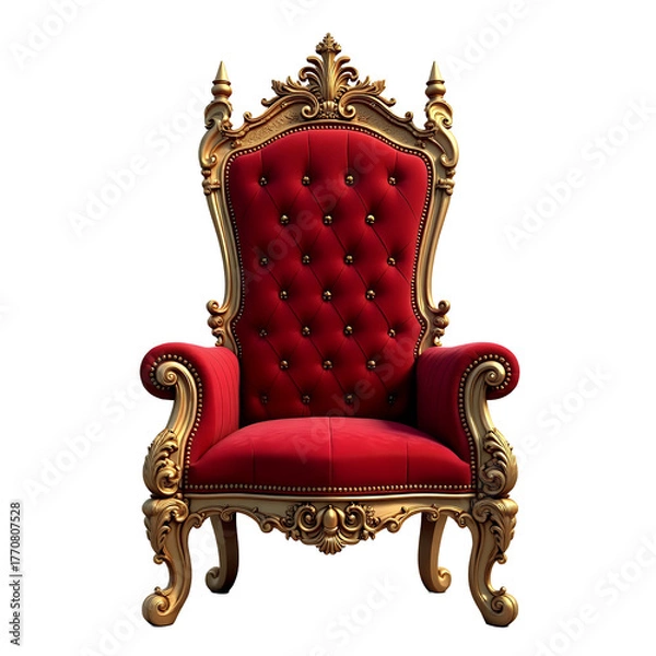 Obraz Ornate red velvet throne with gold trim isolated on a transparent background royal