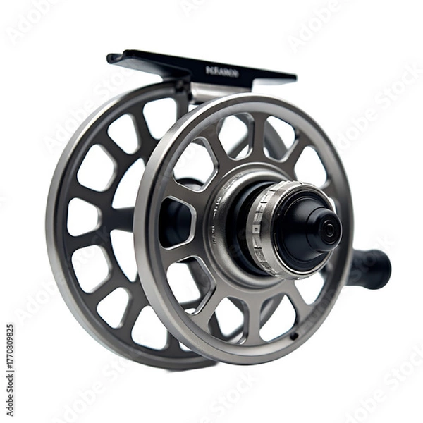 Obraz Silver fishing reel with black accents isolated on a transparent background fly fishing