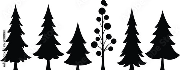 Fototapeta Silhouette of pine trees and fir trees, forest nature illustration, evergreen woodland design, black vector tree collection for decoration