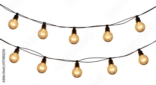 Obraz Two strands of glowing outdoor string lights suspended on a transparent background