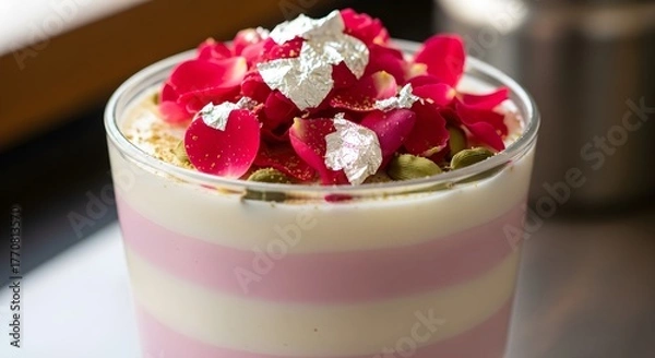 Fototapeta A stunning layered dessert in a glass, alternating pink and white creamy layers, topped with rose petals, pistachios, and edible silver leaf for an elegant, aromatic, and visually captivating sweet tr