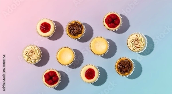 Fototapeta An assortment of mini cheesecakes with various toppings like raspberries, chocolate, and swirls, beautifully arranged on a pastel gradient background for a delightful and colorful dessert display.

