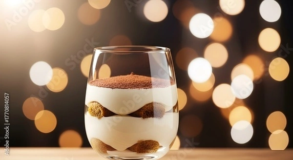 Fototapeta A classic tiramisu dessert elegantly layered in a glass, featuring creamy mascarpone, coffee-soaked ladyfingers, and a dusting of cocoa powder, set against a festive background of glowing bokeh lights