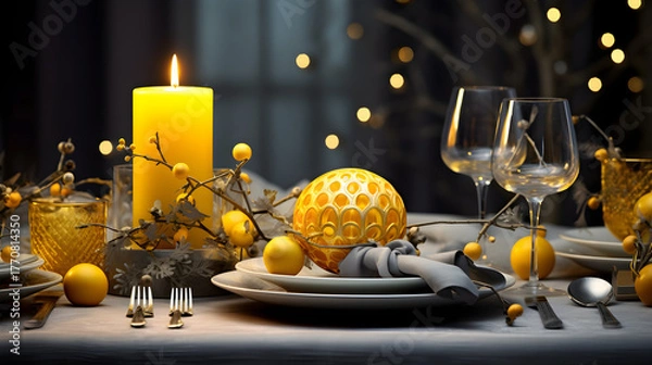 Fototapeta "Yellow and gray Christmas table setting with candle and golden ornaments – modern holiday decor in warm cozy tones. Modern holiday composition creating a cozy winter atmosphere and elegant mood