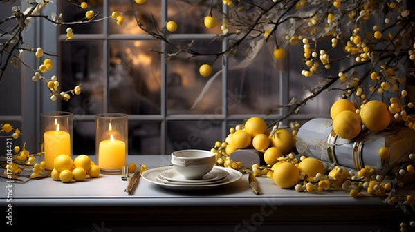 Fototapeta Yellow and gray winter holiday table setting with candles and Christmas decorations — elegant festive composition by the window.