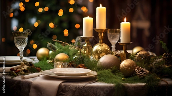 Fototapeta "Elegant Christmas table setting with candles and golden decorations – festive holiday dinner decor with warm lights and pine branches