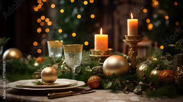 Fototapeta Christmas table setting with glowing candles, gold ornaments and natural pine decor – cozy holiday atmosphere